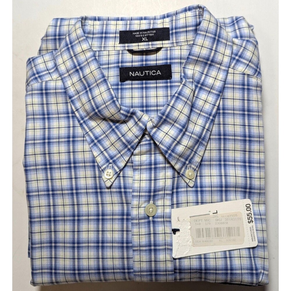 Nautica Men's XL Blue White Plaid Button Up Shirt Short Sleeve Cotton NWT New